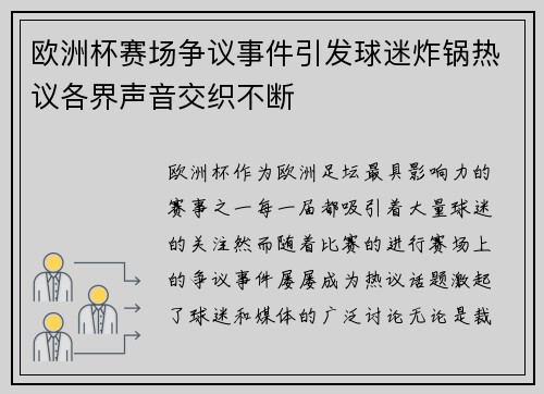 欧洲杯赛场争议事件引发球迷炸锅热议各界声音交织不断 欧洲杯赛场争议事件引发球迷炸锅热议各界声音交织不断